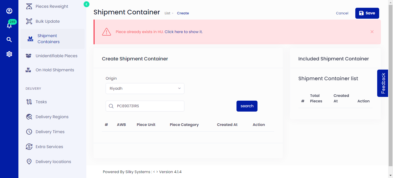 Create Shipment Container
