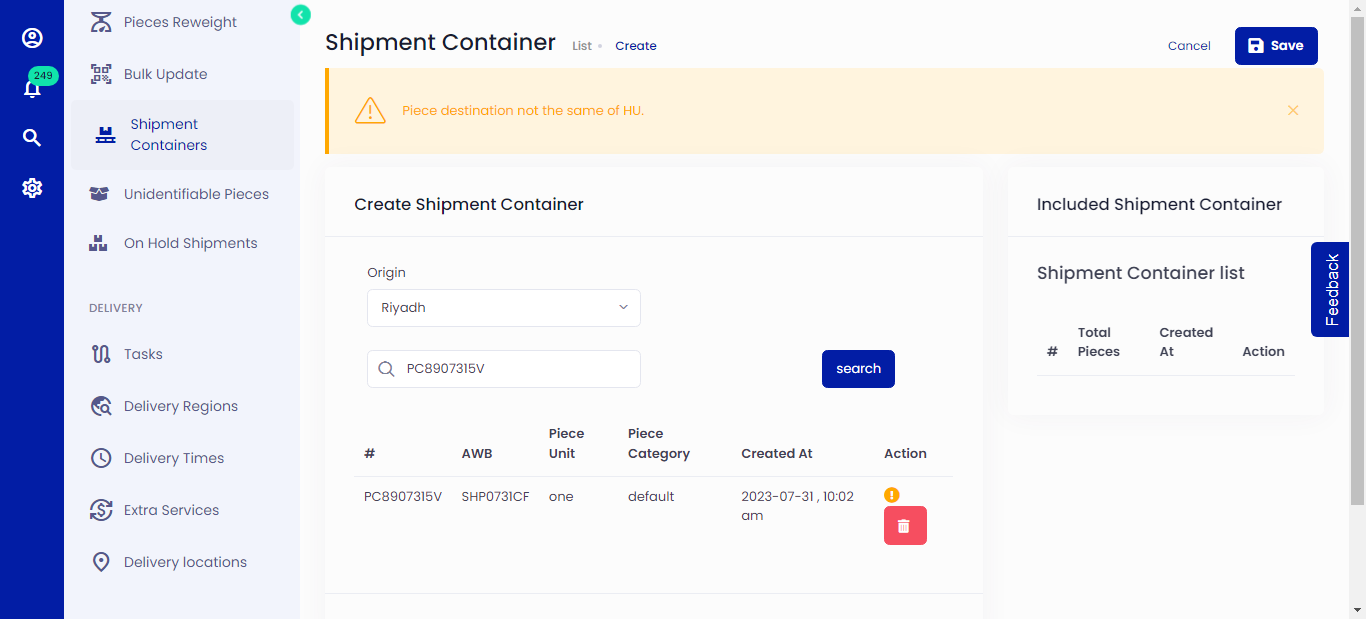 Create Shipment Container