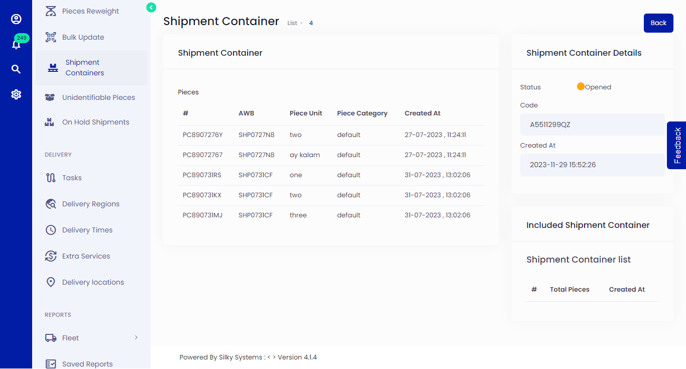 Shipment Container Details