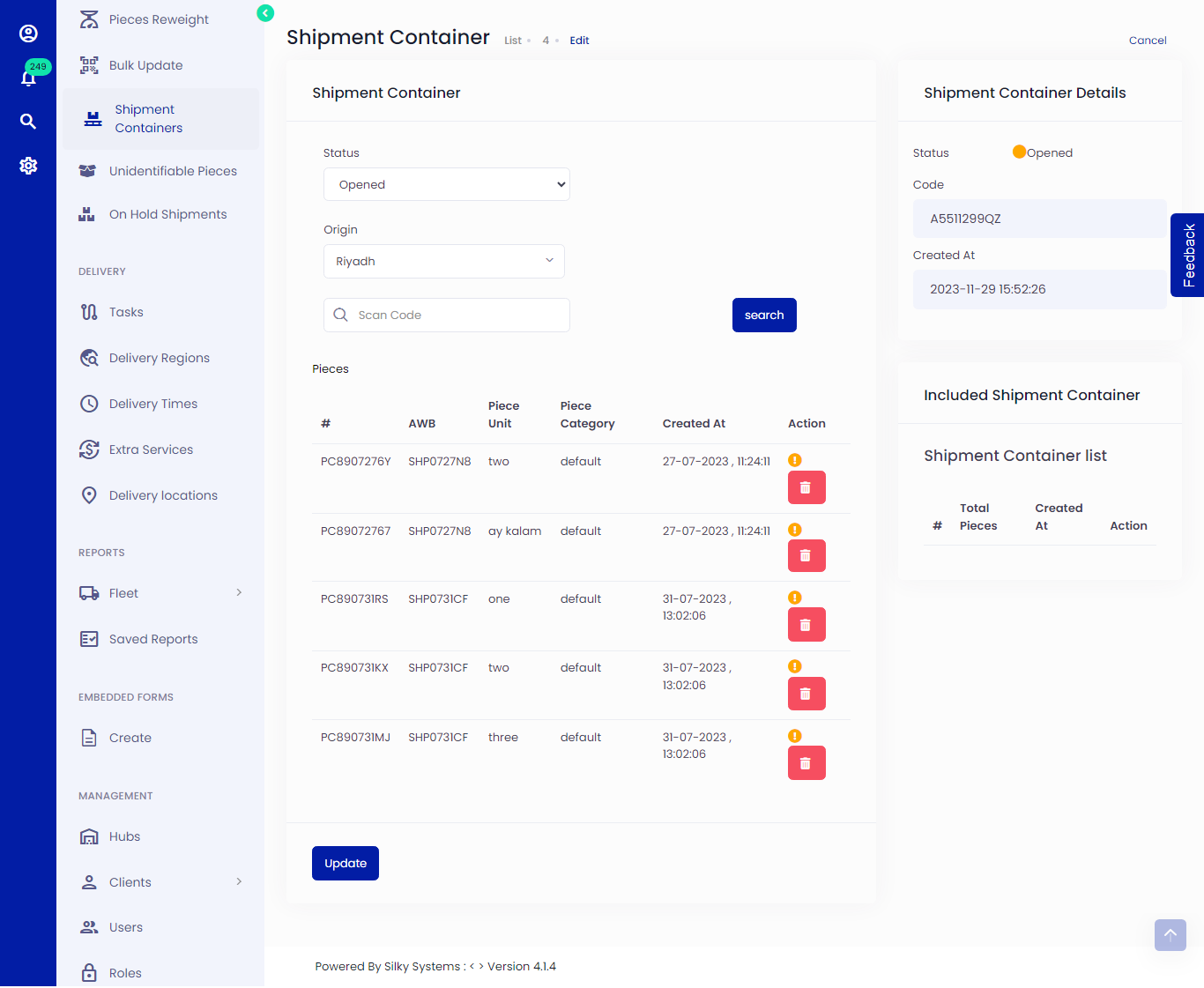 Edit Shipment Container