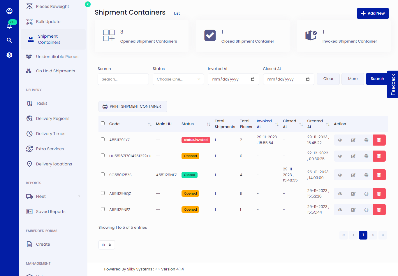 Shipment Container List